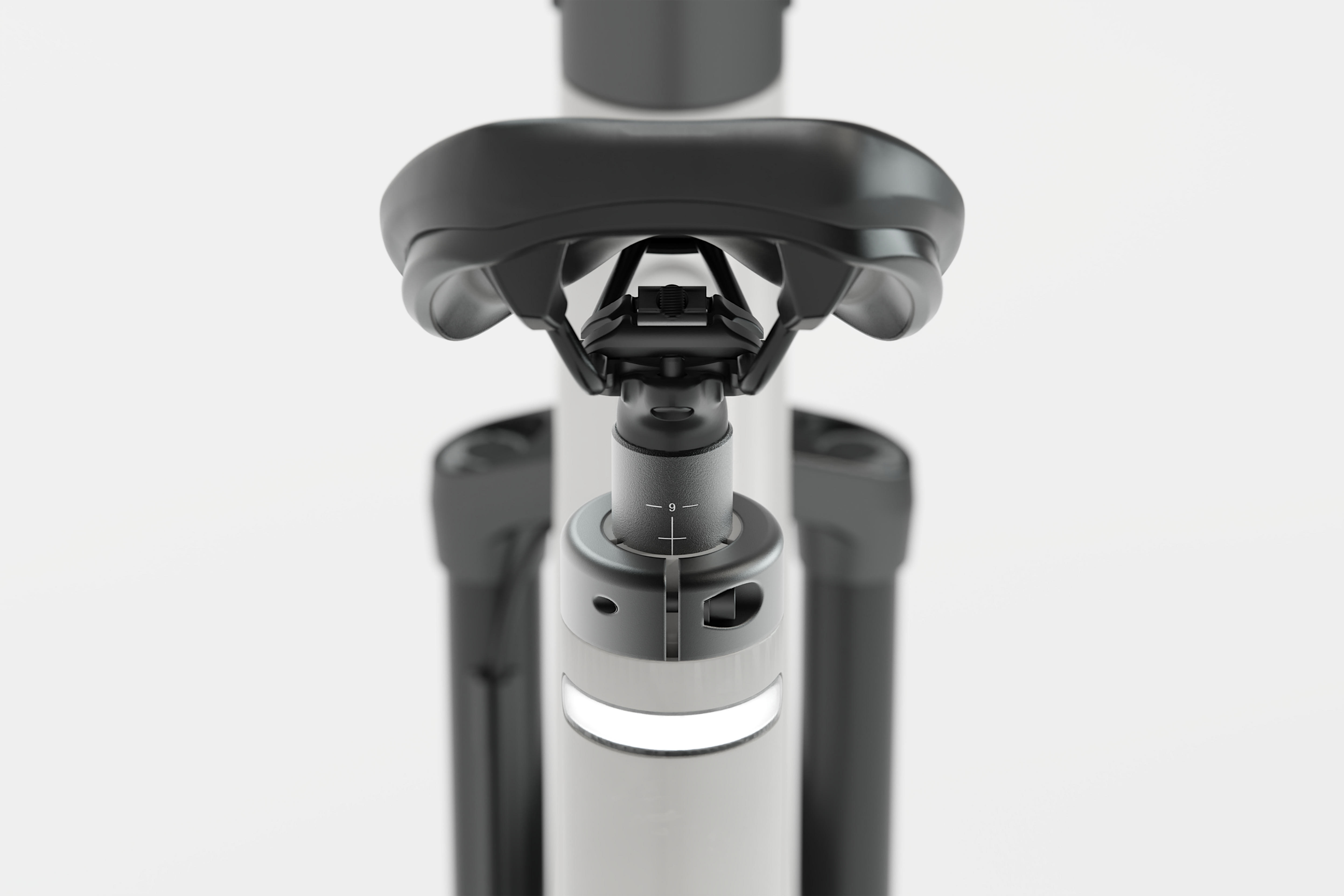 Close-up of a bicycle seat and frame on a white background